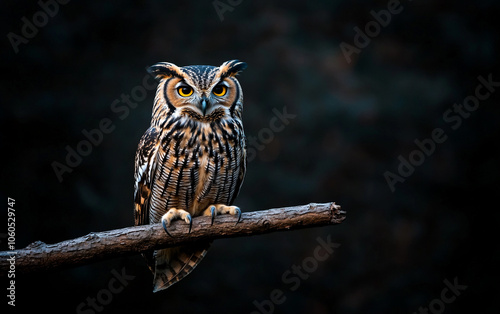 Owl perched on branch, striking gaze, dark background