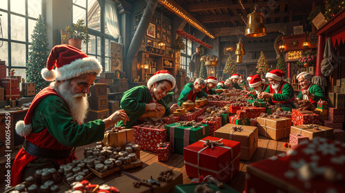 A group of people in santa claus outfits working in a workshop