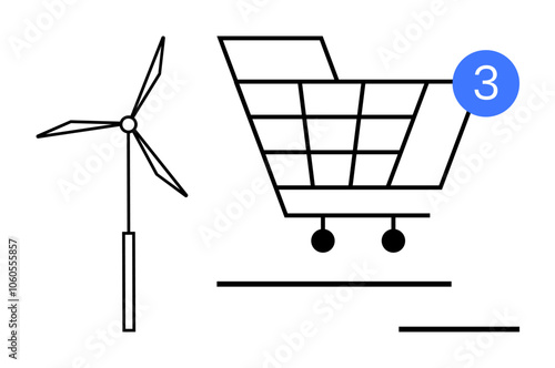 Wind turbine and shopping cart with notification bubble showing number 3. Ideal for eco-friendly shopping, sustainability promotions, e-commerce, environmental campaigns, green energy awareness