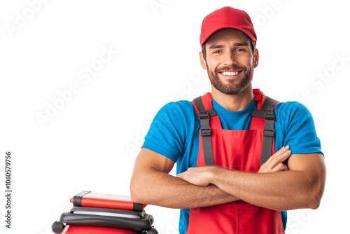  Hombre sonriente con uniforme rojo y gorra, cruzado de brazos junto a una bolsa térmica para delivery, sobre fondo blanco. La imagen representa servicios de comida a domicilio.