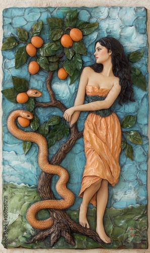 Eve in the Garden of Eden with apricots. There is a tempter snake on the tree next to her. Renaissance style