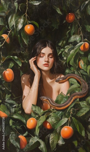 Eve in the Garden of Eden with apricots. There is a tempter snake on the tree next to her. Renaissance style