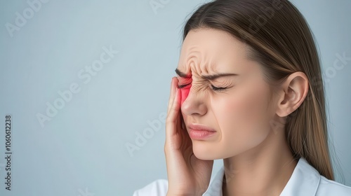 Woman resting head in hand, wincing from ear pain, sterile room, dealing with ringing