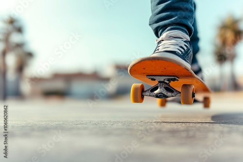 Skateboarder in dark blue hoodie doing kickflip, skateboard is flying through air