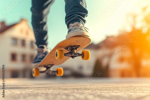 Skateboarder in dark blue hoodie doing kickflip, skateboard is flying through air