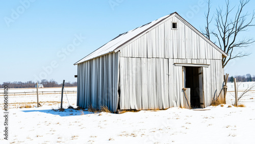 weathered white shed stands a snowy field