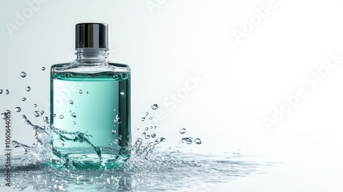 A vibrant aqua colored perfume bottle amid dynamic water splashes. The scene evokes freshness and invigoration with a modern, rejuvenating appeal.