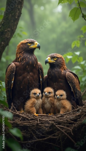 Majestic Eagle Parents with Eaglets Nestled in Lush Green Forest.