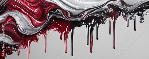 Composition ondulante avec effets de peinture rouge, noire et blanche qui coule.