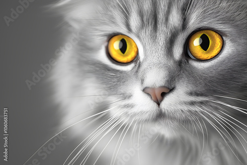 Gray Norwegian forest cat with intense yellow eyes, gazing directly at the viewer, showcasing its majestic features and dense, fluffy coat 