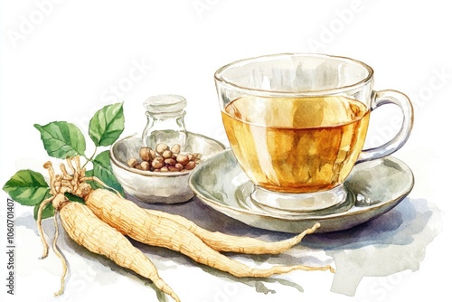 Healthful Ginseng Tea Set. Herbal Root, Leaf, Flower in Watercolor. Asian Medicine Concept