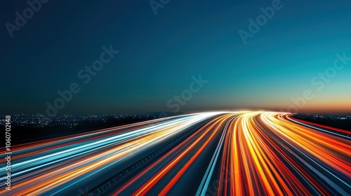 A long exposure night shot of cars speeding across a multi lane highway, their headlights and taillights creating streaks of light against the dark cityscape.