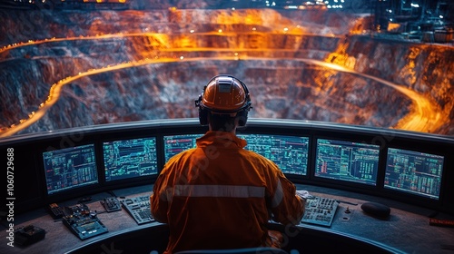 A mining engineer in protective gear oversees a mining operation at dusk, using advanced computer systems to monitor processes within a vast illuminated quarry.