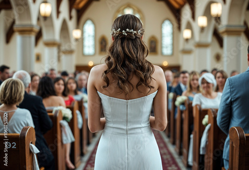 Bride walks down aisle toward stained glass window, guests watch. Brides processional towards stained glass window at wedding with guests watching. Ideal for wedding blogs, invitations, cards, 