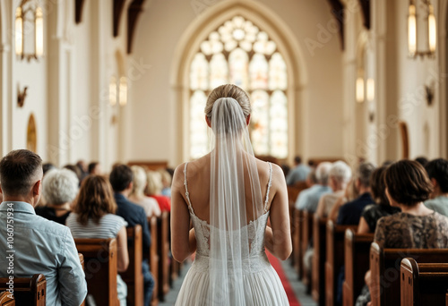 Bride walks down aisle toward stained glass window, guests watch. Brides processional towards stained glass window at wedding with guests watching. Ideal for wedding blogs, invitations, cards, 