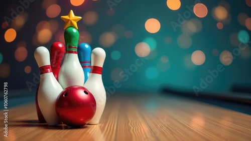 Festive bowling setup with pins and ball on vibrant bokeh background