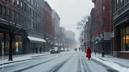 Woman Crossing Snowy City Street