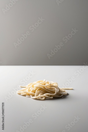 Uncooked spaetzle noodle on gray background with copy space.