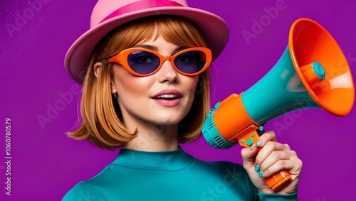 Modern Retro Woman with Colorful Megaphone