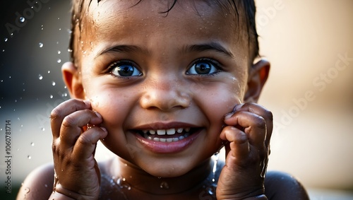 Happy Child with Water Droplets