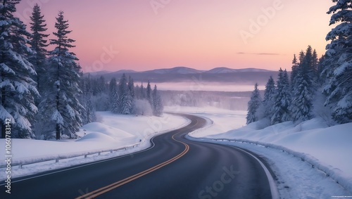 Snowy Road Through Winter Landscape at Dusk