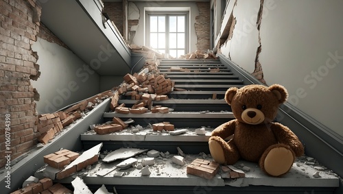 Teddy Bear on Stairs in a Ruined Building