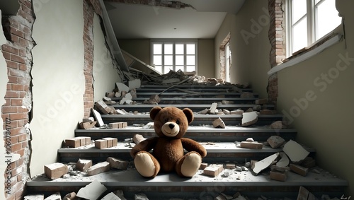 Teddy Bear on Stairs in a Ruined Building