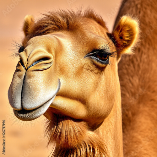  majestic dromedary camel slowly stirs from its desert slumber, its long eyelashes fluttering as it opens its gentle brown eyes, revealing a hint of curiosity and a soft, velvety texture to its tawny 