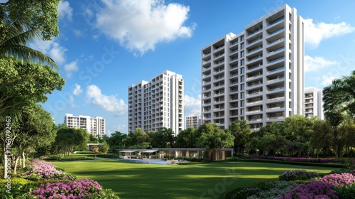 Modern residential buildings surrounded by lush greenery under a clear blue sky, offering a serene and luxurious lifestyle.