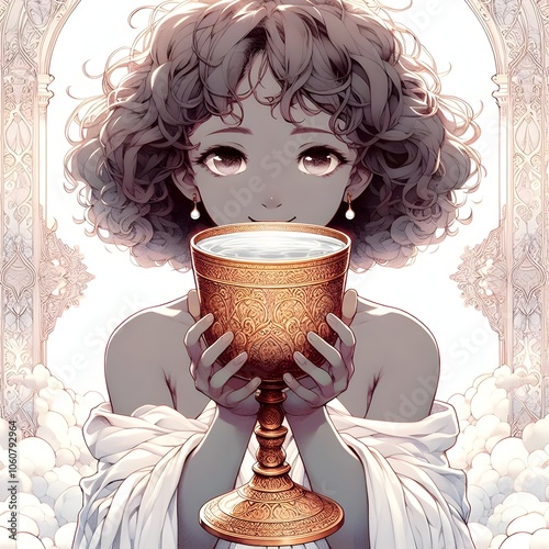 girl holding the 'holy grail' cup, cup of legend, king arthur cup, medieval time cup of legend