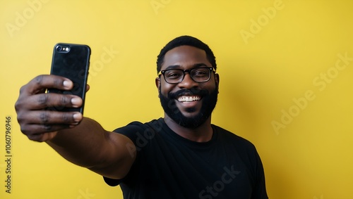 Mężczyzna robiący selfie na żółtym tle