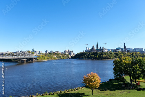 Most recognizable view of Parliament Hill from across the river park Gatineau, Quebec October 2024