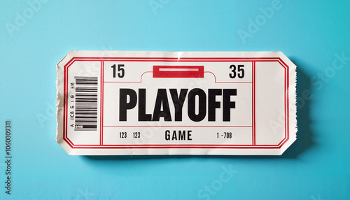 Playoff game ticket with bold letters on a bright blue background 