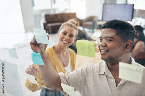 Office, teamwork and business people with sticky notes for brainstorming, planning and solution ideas. Glass wall, collaboration and employees with writing for problem solving, schedule and startup