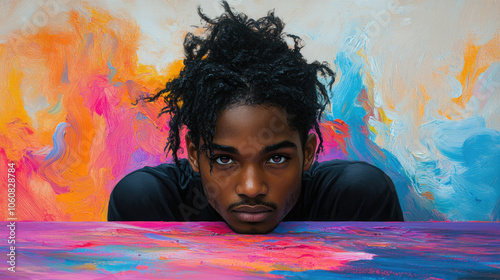 A young man with dreadlocks rests his chin on a colorful art piece, surrounded by a vivid display of swirling paints in an artistic environment