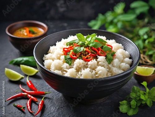 Overhead View of Gaeng Keow Wan with Steamed Rice on Dark Slate Background