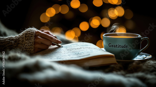 Enjoying a warm cup of tea labeled gratitude while writing in a journal, surrounded by soft textures and twinkling holiday lights