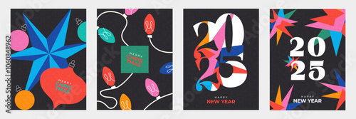 Merry Christmas and Happy New Year 2025 set of greeting card, poster, web banner, holiday cover. Modern bright Xmas design template in trendy geometric style for ads, sales, print and season greetings