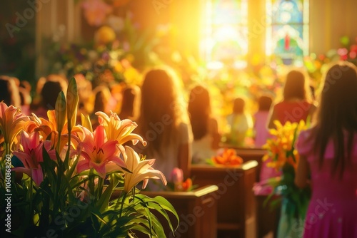 Vibrant Easter Sunday Service in a Majestic Cathedral with Glowing Floral