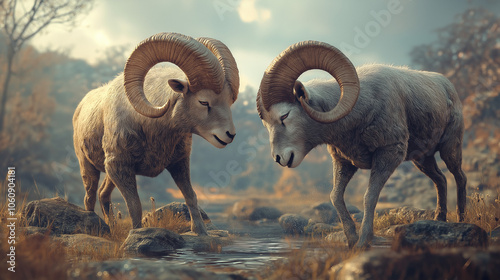 two rams with big horns dashing each other.