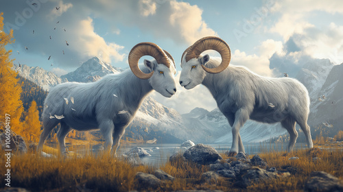 two rams with big horns dashing each other.