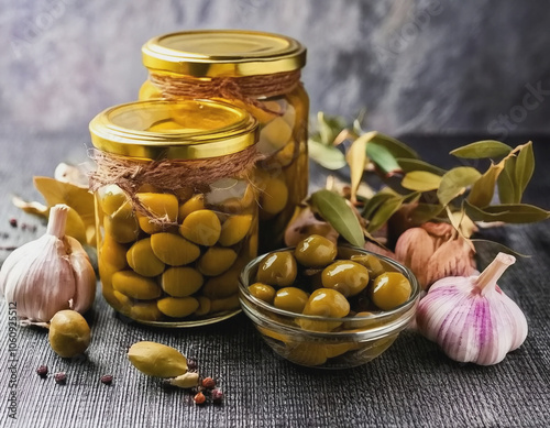 freshly canned olives in small glass jars. garlic cloves. spring of oregano. bay leaves AI