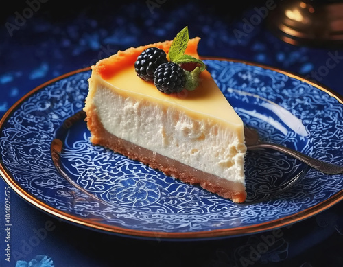 slice of new york style cheesecake on cornflower blue lacey plate AI