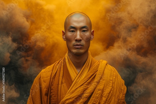 Focused monk in vibrant orange robes stands with golden smoky background, symbolizing calm and spirituality in dramatic setting