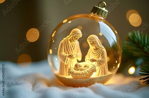 Close-up of a Christmas ornament in the form of a glass sphere with a gold-colored interior, the ornament illuminates the figures of Joseph, Mary and baby Jesus carved in glass. Nativity scene