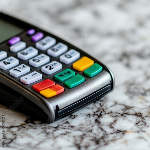 Closeup of a black credit card reader on a marble surface with colored buttons.