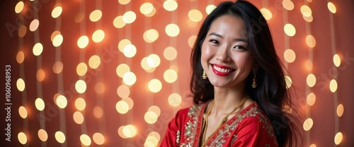 Smiling woman in traditional attire poses elegantly against a backdrop of warm holiday lights during a festive celebration