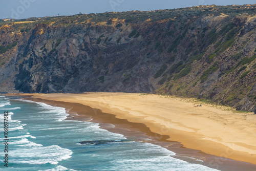 view of the beach Praia do Medo da Fonte Santa on the western part of Algarve, Portugal