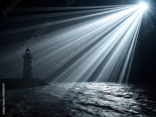 A mystical lighthouse guiding sailors through the stormy night with beams of light illuminating the dark waters. Generative AI