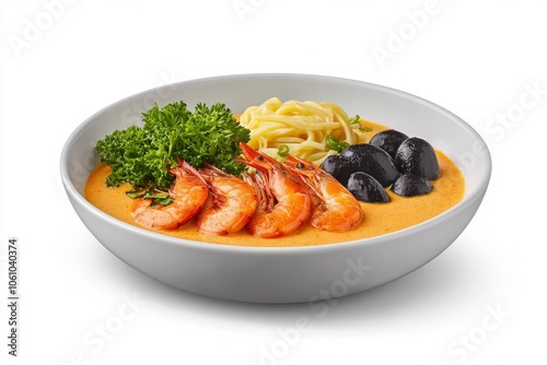  Sopa de camarones con fideos, aceitunas y perejil en un bol blanco, ideal para una comida de mariscos. 